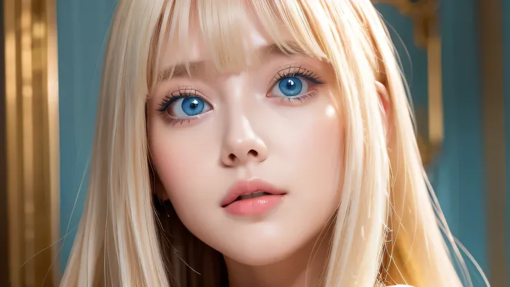 A very white and beautiful 20-year-old blonde girl、masterpiece, highest quality, shape, Ultra-fine detail, Naturally shiny platinum blonde、Super long straight silky hair、Super long hair like Rapunzel、Hair tangled all over the body、bangs over eyes、bangs on ...