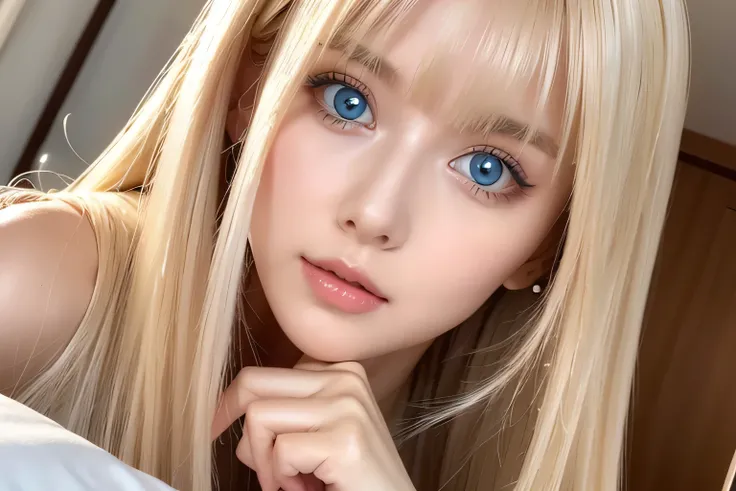 A very white and beautiful 20-year-old blonde girl、masterpiece, highest quality, shape, Ultra-fine detail, Naturally shiny platinum blonde、Super long straight silky hair、Super long hair like Rapunzel、Hair tangled all over the body、bangs over eyes、bangs on ...