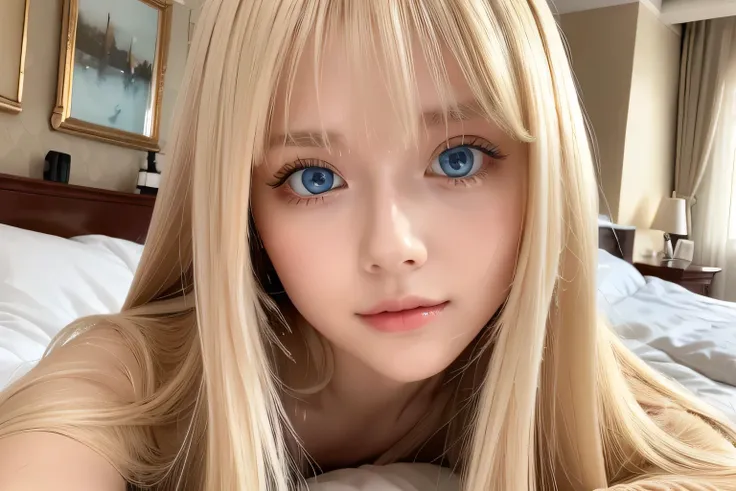 A very white and beautiful 20-year-old blonde girl、masterpiece, highest quality, shape, Ultra-fine detail, Naturally shiny platinum blonde、Super long straight silky hair、Super long hair like Rapunzel、Hair tangled all over the body、bangs over eyes、bangs on ...