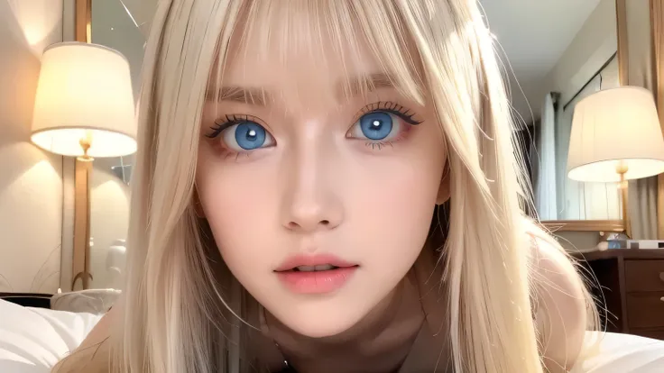 A very white and beautiful 20-year-old blonde girl、masterpiece, highest quality, shape, Ultra-fine detail, Naturally shiny platinum blonde、Super long straight silky hair、Super long hair like Rapunzel、Hair tangled all over the body、bangs over eyes、bangs on ...