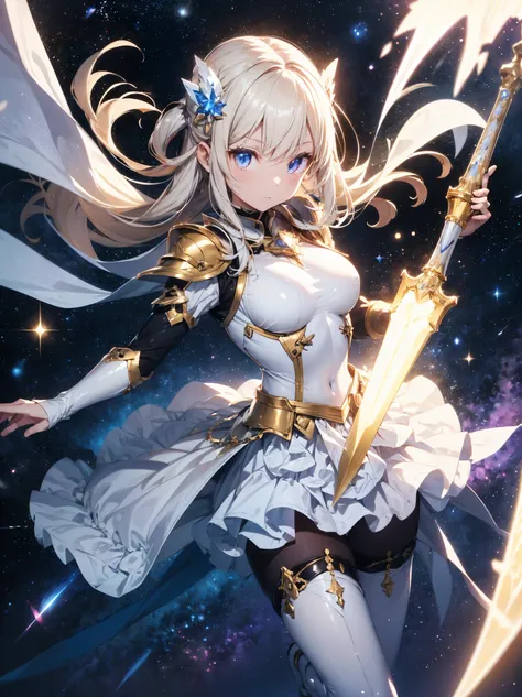 Shiny white armor with attention to detail, Detailed white helmet, A large white sword with great detail, Mysterious golden jewel in the armor, Whitehall in space background, White Aura, White Neon Light