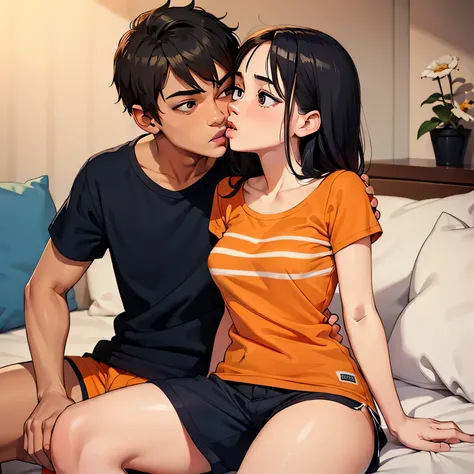 Amazing portrait of a young woman wearing white and orange striped t shirt and orange shorts and young boy wearing a navy blue t shirt and black shorts sitting on a bed together and kissing and making out passionately in a sexy and hot and lustful setting