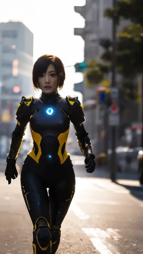 (yellow cyber punk speed tactical suit:1) (1 Female) Dark Theme :: Focus on close-up face, Serious face, Civetik visor, :: Medium Black Hair, Thick thighs :: ultra realistic futuristic speedster scifi cyber punk athletic woman, Iris, ((Run down the middle ...