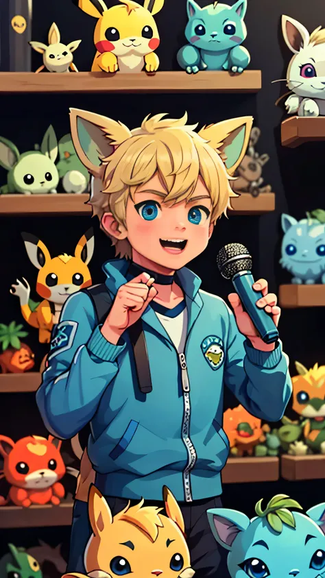 masterpiece, best quality, high-definition, RO1, Male focus, Blonde hair, Detailed face, Detailed eyes, Specular highlights, 1 boy, Steve Irwin, Holding a microphone, Speaking to a crowd, Pikachu, Vaporeon, Jolteon, and Bulbasaur on his shoulders, In a Pok...