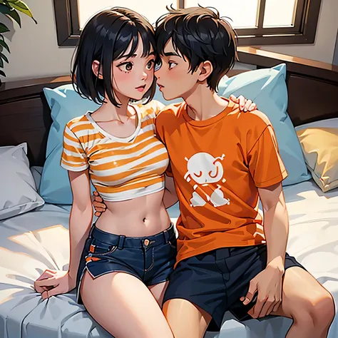 amazing portrait of a young woman wearing white and orange striped t shirt and orange shorts and young boy wearing a navy blue t...