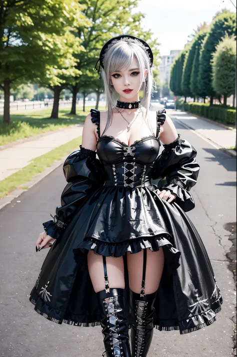 sexy stylish female model, only 1 female, ((doll-like appearance)), long dramatic stylish hair, ((shiny Punk-Style boots)), (big smile), ultra detailed eyes, Punk makeup, lipgloss, ((sexy Punk Lolita cosplay)), unconventional skirt, petticoats, high neckli...