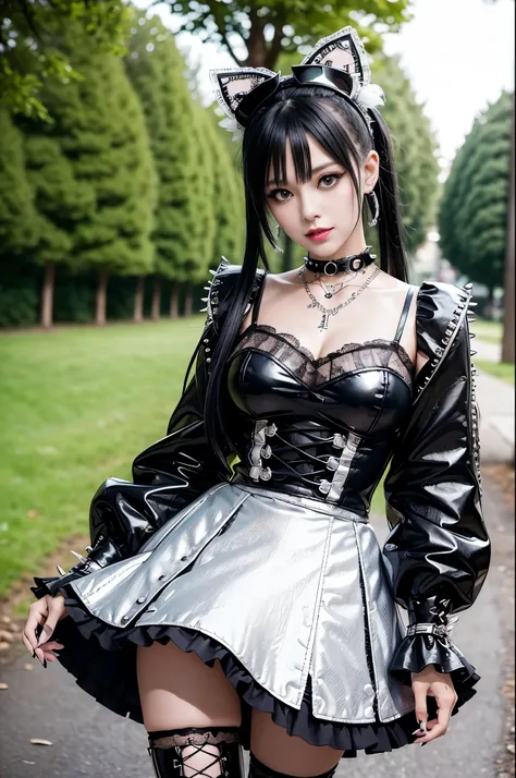 sexy stylish female model, only 1 female, ((doll-like appearance)), long dramatic stylish hair, ((shiny Punk-Style boots)), (big smile), ultra detailed eyes, Punk makeup, lipgloss, ((sexy Punk Lolita cosplay)), unconventional skirt, petticoats, high neckli...