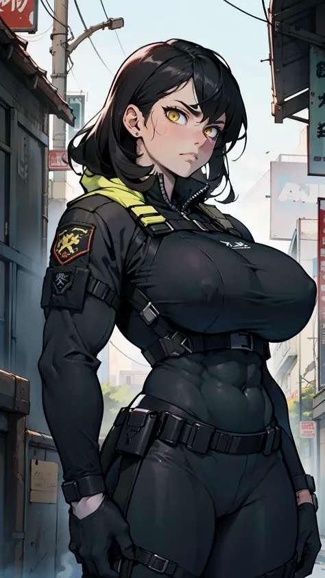 muscular muscular muscular huge breasts huge breasts huge breasts thick thick thick pale skin black hair yellow eyes sad tactical gear dark tactical clothes