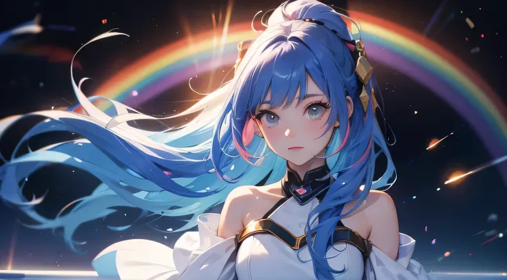 a cute girl with long rainbow hair, floating in space