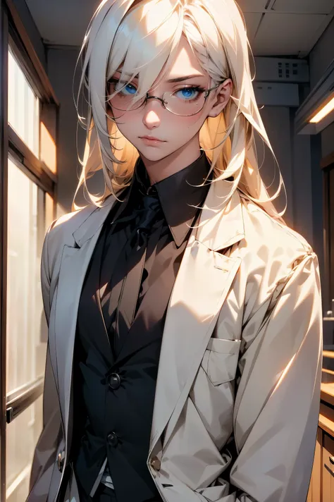 long white hair, adult male character, white eyelashes, bishonen, lab coat, scientist, dandere, serious, androgynous beauty, pal...