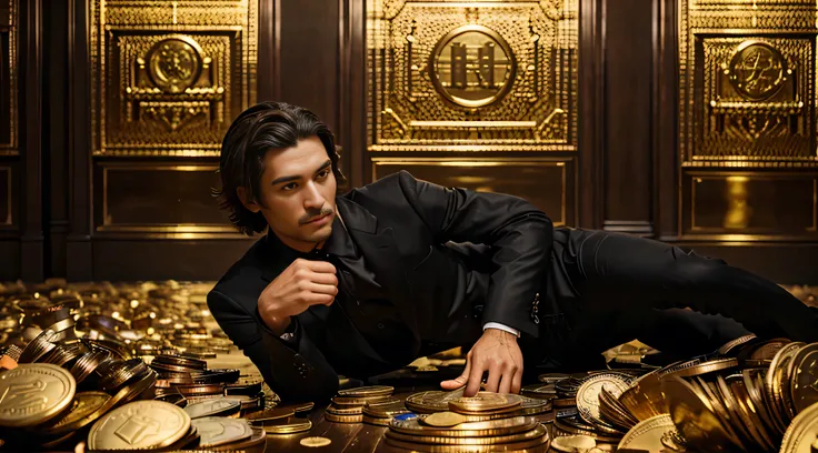 a man in a black suit in a room full of gold coins, ultra realistic vivid image, hyper detailed 8k realistic skin