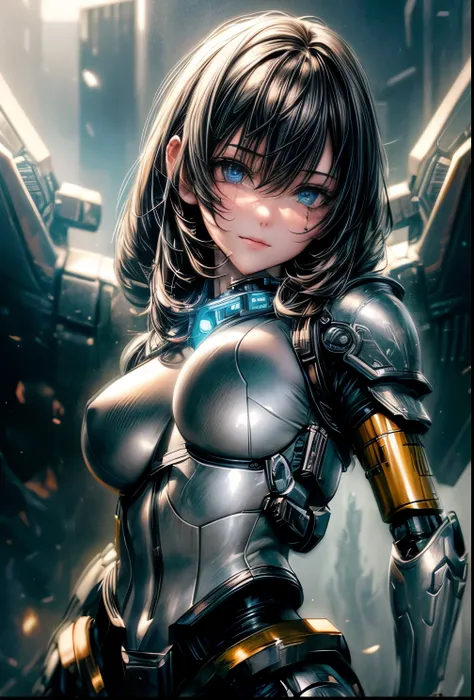 Beautiful hyperrealistic photograph of cute smiling white woman cyberpunk female, (((wearing full heavy mecha armor, combat harness))) shapeless cyberpunk hairstyle, (((dynamic pose))), cyberpunk street background, abstract beauty, near perfection, pure fo...