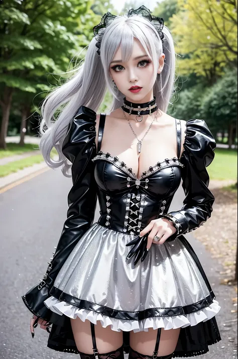 sexy stylish female model, only 1 female, ((doll-like appearance)), long colorful stylish hair, ((shiny Punk-Style boots)), (big smile), ultra detailed eyes, Punk makeup, lipgloss, ((sexy Punk Lolita cosplay)), unconventional skirt, petticoats, high neckli...