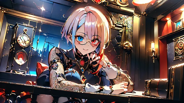 (((masterpiece,highest quality,High resolution,High detail,3D high quality animation))),(((Androgynous anime boy with red and blonde hair, a meshed-haired monocle, and red and blue heterochromia.))),Steampunk attire,Clock shaped brooch,Clock design necklac...
