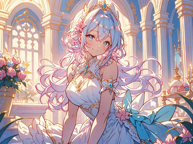 ((Exquisite, beautiful, Very detailed, masterpiece, High quality, Confused, High resolution, Full HD, 16k)),(Happy), fun, (smile, Laughter), (pink ball gown dress:1.5,Macaron motif dress:1.5,Decorated with lace, Frills and jewels:1.1,),(Golden Hair)(Short ...
