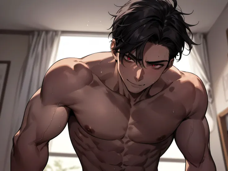 Angle from below,male, 30 years old,male1 person、,Adult,A sadistic atmosphere,Black Hair,Sharp Eye,Lewd Eyes,Take off your shirt,Face close-up,sweating,,smile,Background: dark sex room, intimate lighting, imminent sex, muscular, athletic build, bara, shirt...