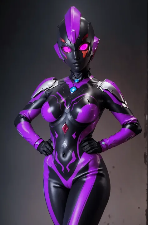 Ultraman Woman. （high quality）（luster）（(Black Face and red eyeline)）（Black and purple thema color）women only. The whole body is covered with a black bodysuit. Spike decoration. Pink lines all over the body. Heart tattoo in belly. purple coloreye. pink glow...