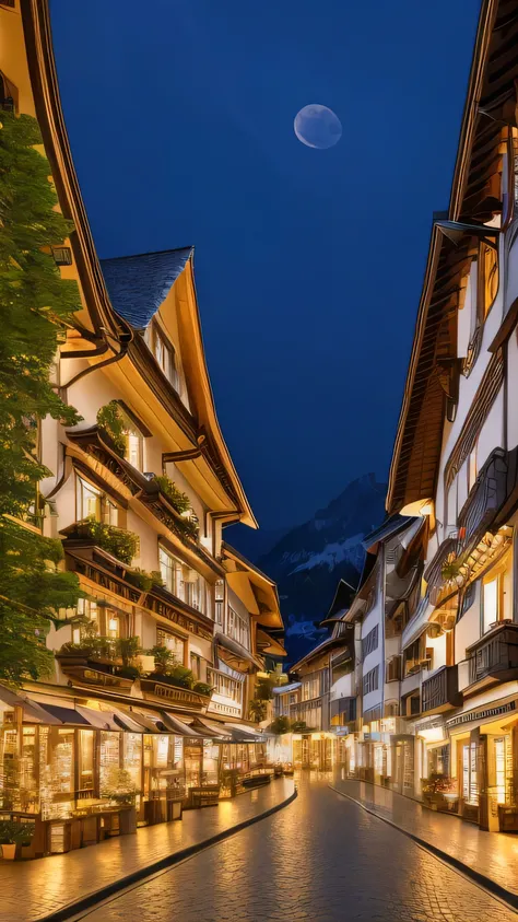 Wide streetscape、Switzerland、From below、night、Mr.々Building、Crisp quality、both sides、Continue straight、Real Focus