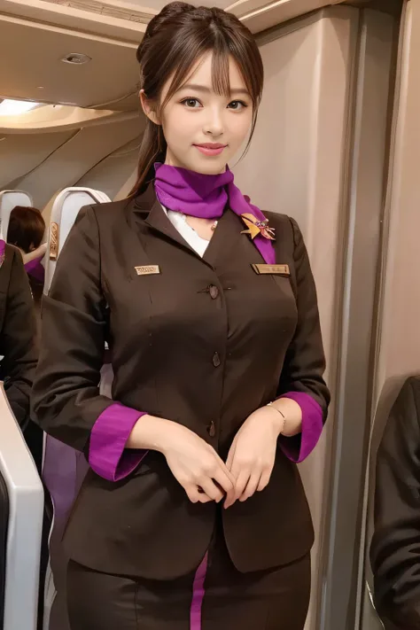 (masterpiece:1.2、highest quality:1.2)、32K HDR、High resolution、(alone、1 girl、Slim figure)、（A realistic reproduction of the ETIHAD Airways Cabincrew Uniform）、 (On board, Professional Lighting)、A proper woman, Beautiful Face,、（Long sleeve ETIHAD Airways Cabin...