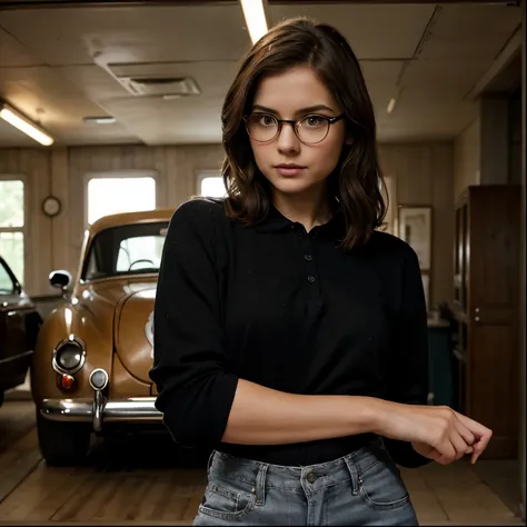 A young woman in her twenties is posing in front of a very beautiful vintage car. She combines the classic elegance of Jenna Coleman with the touch of determination of Resident Evils Jill Valentine. Her brown hair falls in soft curls, framing a delicate fa...