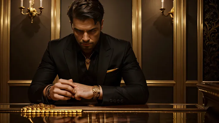 a millionaire man wearing a black suit, room full of gold and ruby ​​bars, ultra realistic image, high level of detail, 8k, hyper realism, vivid and intense colors.