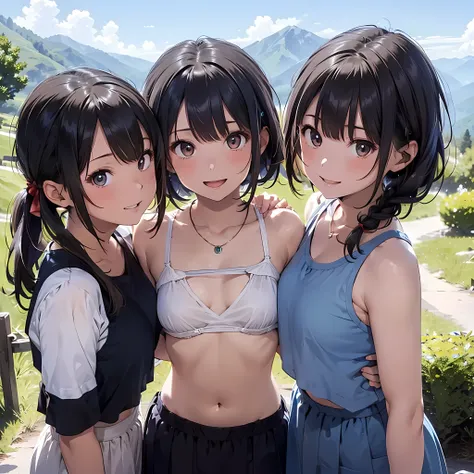 ((masterpiece, best quality, ultra quality, high quality, hyper detailed, intricate detailed, perfect anatomy, shiny skin)), ((upper body:1.2)), (three women are posing for a camera:1.4), (On the mountain trail,At the summit), (Lift up your camisole), (ful...