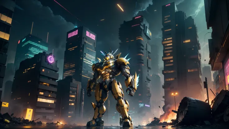 A muscular, metallic Bumblebee from Transformers towers amidst the ruins of a small city, its mechanical limbs and gleaming chest plate partially concealed by debris. Soft neon lights flicker intermittently in the distance, casting an eerie glow over the d...