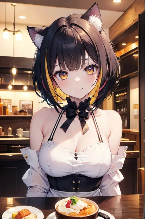 ((masterpiece)), ((best quality)), ((8K)), high resolution, 1girl, cat ears, cafe, pale white skin, large breasts, yellow eye, multicolored hair, bob cut, afternoon, smile,