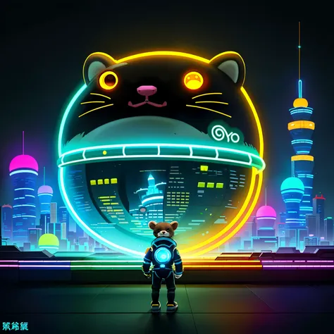 A cartoon otter in a space suit with other otters,In the center of the picture、暗い背景に鮮orかなネオンカラーが映えます。Emphasizing the word YOYOTOKEN written in neon。He skillfully manipulates the yo-yo with one hand.。The yo-yo spins, sending out a trail of glowing energy.、T...