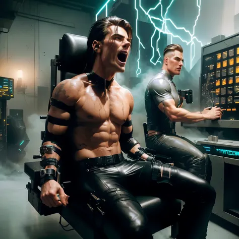 there are two men in leather pants sitting in a chair, muscular! cyberpunk, tom cruise handcuffed to a chair, cyberpunk style ， hyperrealistic, epic vfx shot, steven klein, hyper realistic vfx simulation, beeple and mike winkelmann, altered carbon style, i...