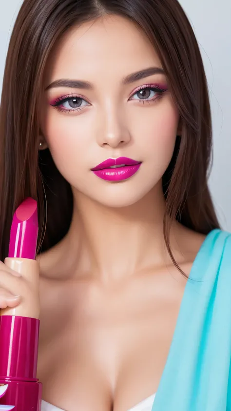 Beautiful woman paints her lips with lipstick. Beautiful woman face, Fine details, high quality, high quality. Vivid and True Colors  