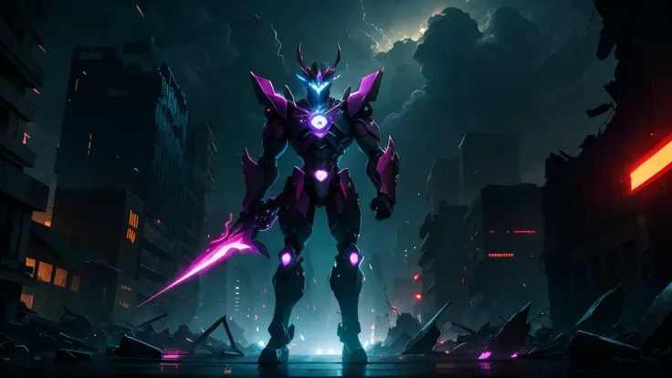 Cyclonus from Transformers, a menacing spectacle in a full-body shot, is depicted amidst the ruins of a small city. Hues of soft neon lights illuminate his imposing figure, casting long, ominous shadows across the devastated landscape. The mood is somber a...