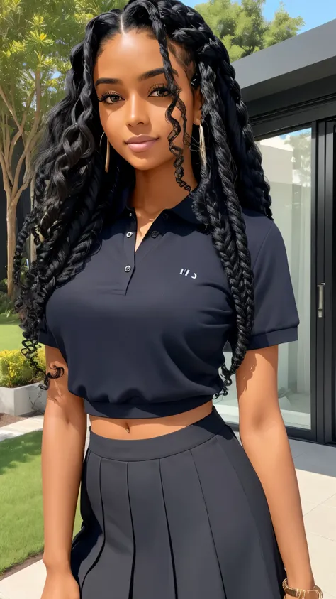 a beautiful tanned skin woman with curly black hair in an intricate braided hairstyle on top of her head, long straight hair flowing down, wearing a navy blue polo shirt and a black pleated skirt, in front of a modern contemporary house