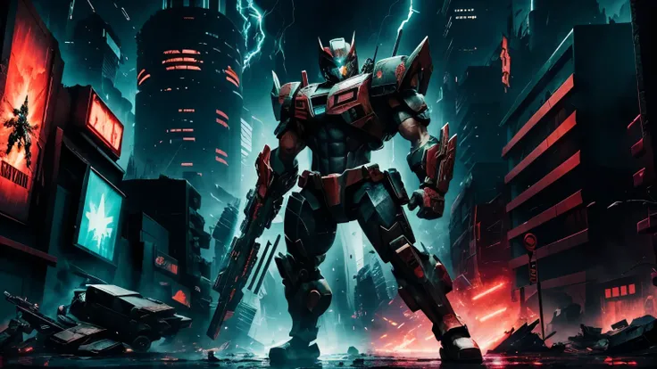 Escape from the Destructive Transformers, capturing a full-body shot of a heroic character, in the midst of obliterating a small city, illuminated by soft neon lights, 8K, hyper-realistic, detailed, with menacing shades of darkness enveloping the scene, an...