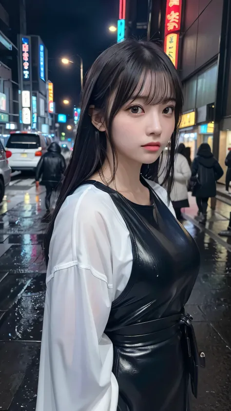 8K, RAW photo, highest quality, masterpiece:1.2),(realistic, photo-realistic:1.37),tokyo street,night, rain, Wet:1.2,cityscape,night, cyberpunk city,soft light,1 girl,, very beautiful face,big bust,put down hands,random hairstyle,random hair color,random e...