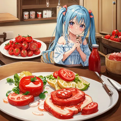 highest quality, highest quality, High-quality illustrations, masterpiece, Ultra-high resolution, Detailed Background, Detailed Background,Making ketchup、Light blue long hair、Beautiful girl with twin tails、lots of tomatoeaking ketchup with chibi characters...