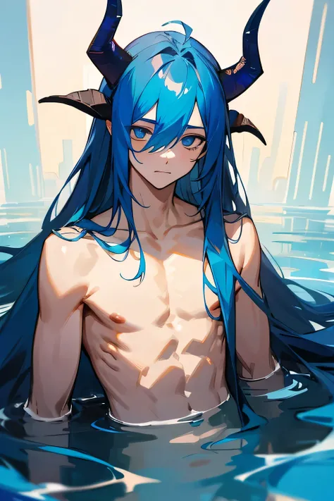 1boy, long_blue_hair, shirtless, two_blue_horns
