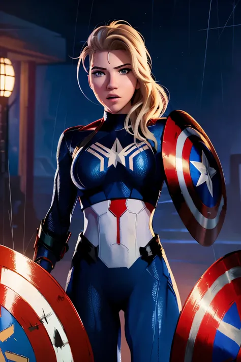 imagem realista de (((katheryn winnick as captain america, wearing a captain america suit with shield))) parte superior do corpo...