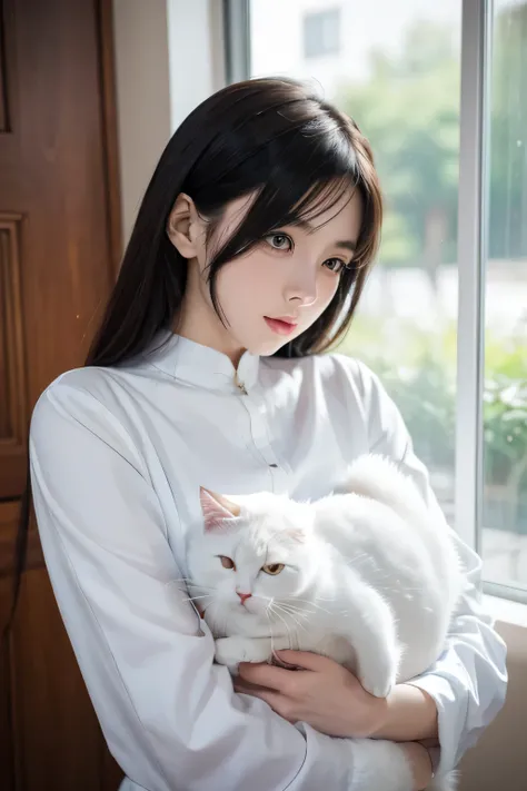 Anime girl holding a white cat in her arms, beautiful Anime catgirl, Very beautiful and cute cat girl, Artgerm and Atey Ghailan, White cat girl, Artwork in the style of Guweiz, very beautiful Anime cat girl, Beautiful anime portrait, Anime cat, Beautiful y...