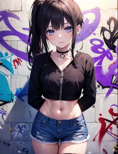 Check it out, Check it out, Long Hair, ponytail,Have,bangs, , Black Hair, (Purple eyes:1.2),Denim shorts, choker, (graffiti:1.5), Paint splashes, Put your arms behind your back, Against the wall, Looking at the audience, Armband, Thigh straps, Tilt your he...