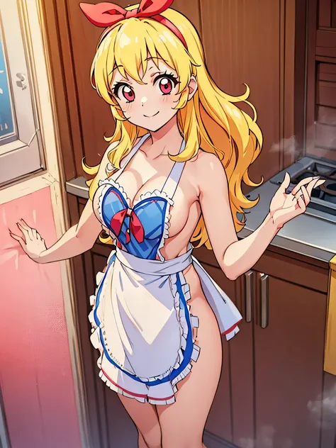 aikatsu,Blonde_HAIR,RED_HAIR_band,masterpiece,{a cartoon character is posing in kitchen wearing an apron and a dress, 1girl, hoshimiya ichigo, apron, blonde hair, long hair, breasts, solo, smile, naked apron, large breasts, cleavage, stove, looking at view...