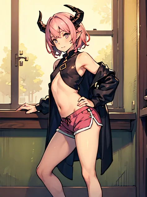 small male femboy with pink hair and dragon horns in shorts