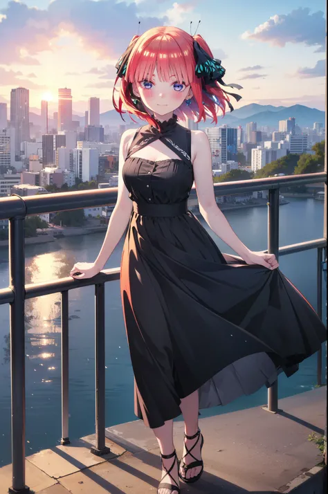 I was silent, nino nakano, short hair, bangs, blue eyes, hair ornaments, Hair Ribbon, Pink Hair, blunt bangs, Both sides up, butterfly hair ornaments,smile,Sleeveless black dress,Bare arms,black long skirt,Cute heeled sandals,sunset,evening,The sun goes do...