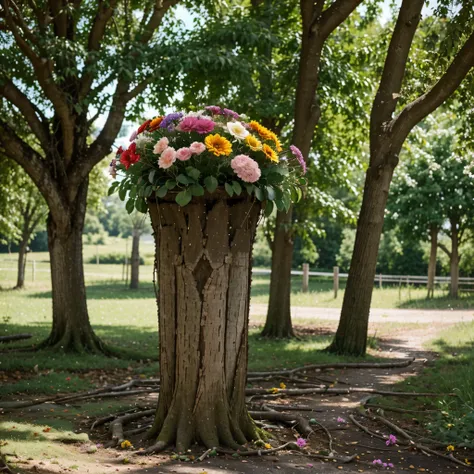 a bouquet of multicolored flowers in a large jar placed on a cut tree trunk, the roots of the flowers extend beyond the hedgerow to take root in the tree trunk, clean background