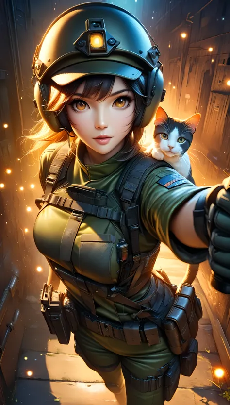 ((Masterpiece in maximum 16K resolution):1.6),((soft_color_illustration):1.5), ((Ultra-Detailed):1.4),((Movie-like still images and dynamic angles):1.3). | ((cinematic anime illustration of beautiful female soldier with her cat):1.2), ((Beautiful female so...