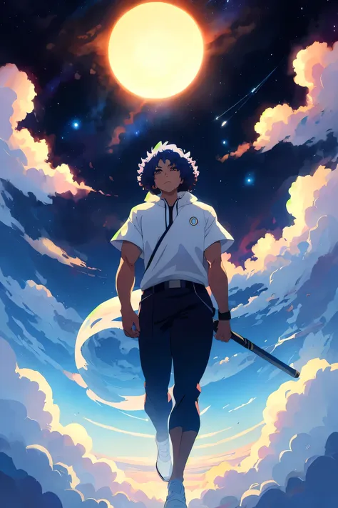 masterpiece ,best quality, Beautiful blue skin anime model full body, sun-bathing on floating cloud along the milky way, enticing eyes, curly hair dreamy, background thick clouds, high quality, 4k, 8k,