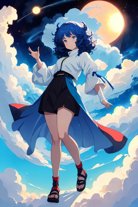 masterpiece ,best quality, beautiful blue skin anime model full body, sun-bathing on floating cloud along the milky way, enticin...