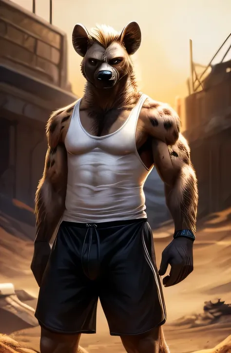 Masterpieces, furry, male, Anthropomorphic, full body, old age, rugged, spotted hyena, proper fit body type, Delicate eyes, white goatee, white fur, glistening body, tanned skin, thug, depth of field, warm lighting, bright lighting, (best quality),(masterp...