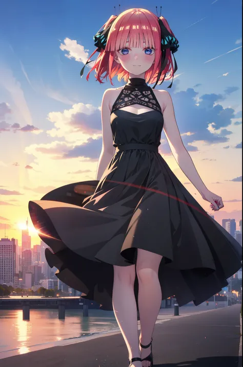 I was silent, nino nakano, short hair, bangs, blue eyes, hair ornaments, Hair Ribbon, Pink Hair, blunt bangs, Both sides up, butterfly hair ornaments,smile,Sleeveless black dress,Bare arms,black long skirt,Cute heeled sandals,sunset,evening,The sun goes do...