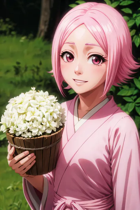 yachiru kusajishi bleach pink eyes pink short hair beauriful cute girl smile. with pink dress with clise up of your face